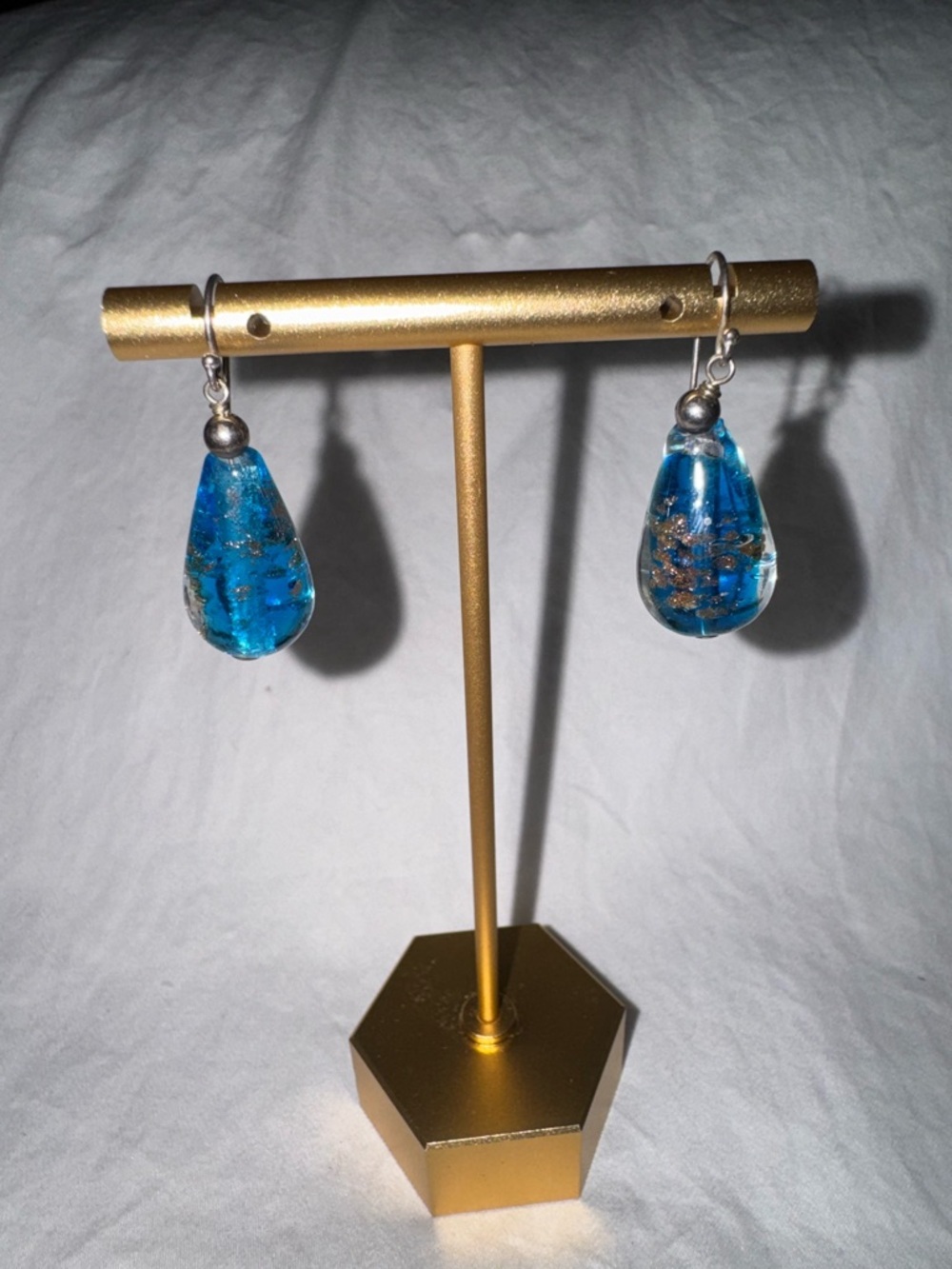 Murano-Style Blue Glass & Gold Foil Teardrop Earrings